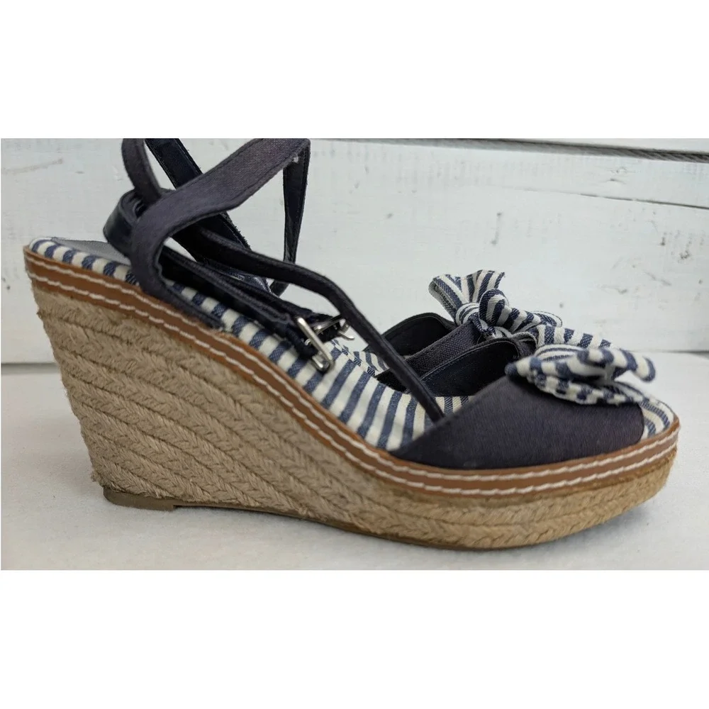 American Eagle Womens 7W Navy Stripe Bow Espadrille Platform Wedge Sandals